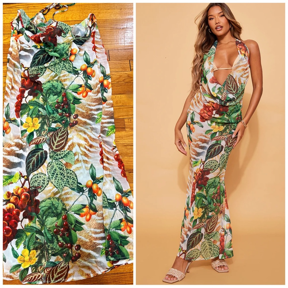 Pretty Little Thing White Botanical Animal Print Plunge Front Open Back Dress